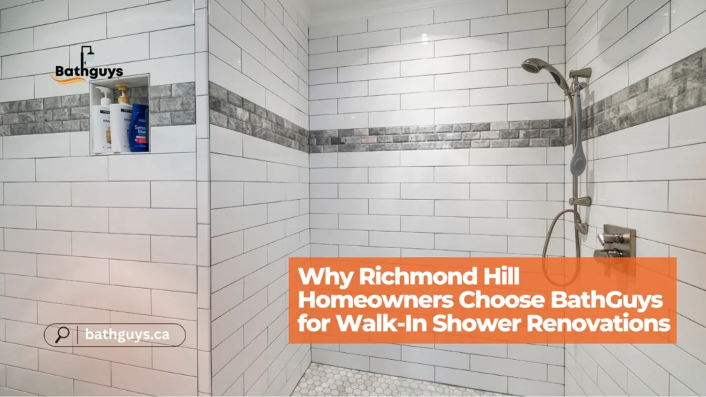 Modern bathroom remodel in Richmond Hill featuring a walk-in shower renovation by BathGuys