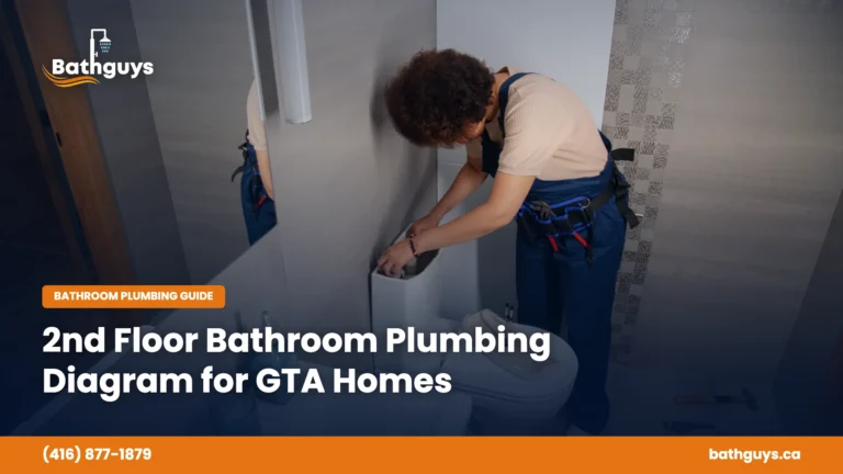 2nd floor bathroom plumbing diagram guide for GTA homes with a plumber installing an upstairs bathroom toilet