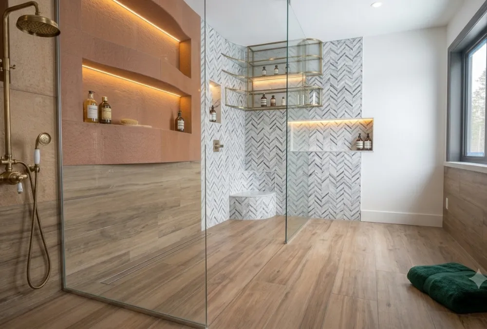 Corner-Entry Curbless Shower after