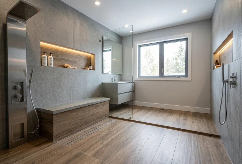 Curbless Shower with a Built-In Bench after