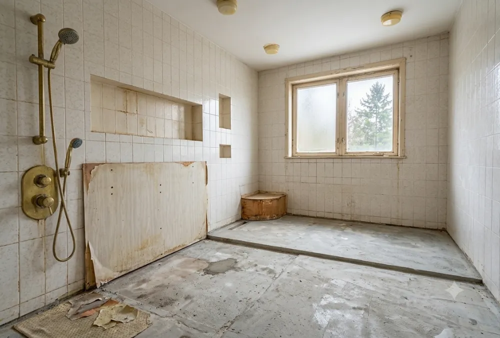 Curbless Shower with a Built-In Bench before